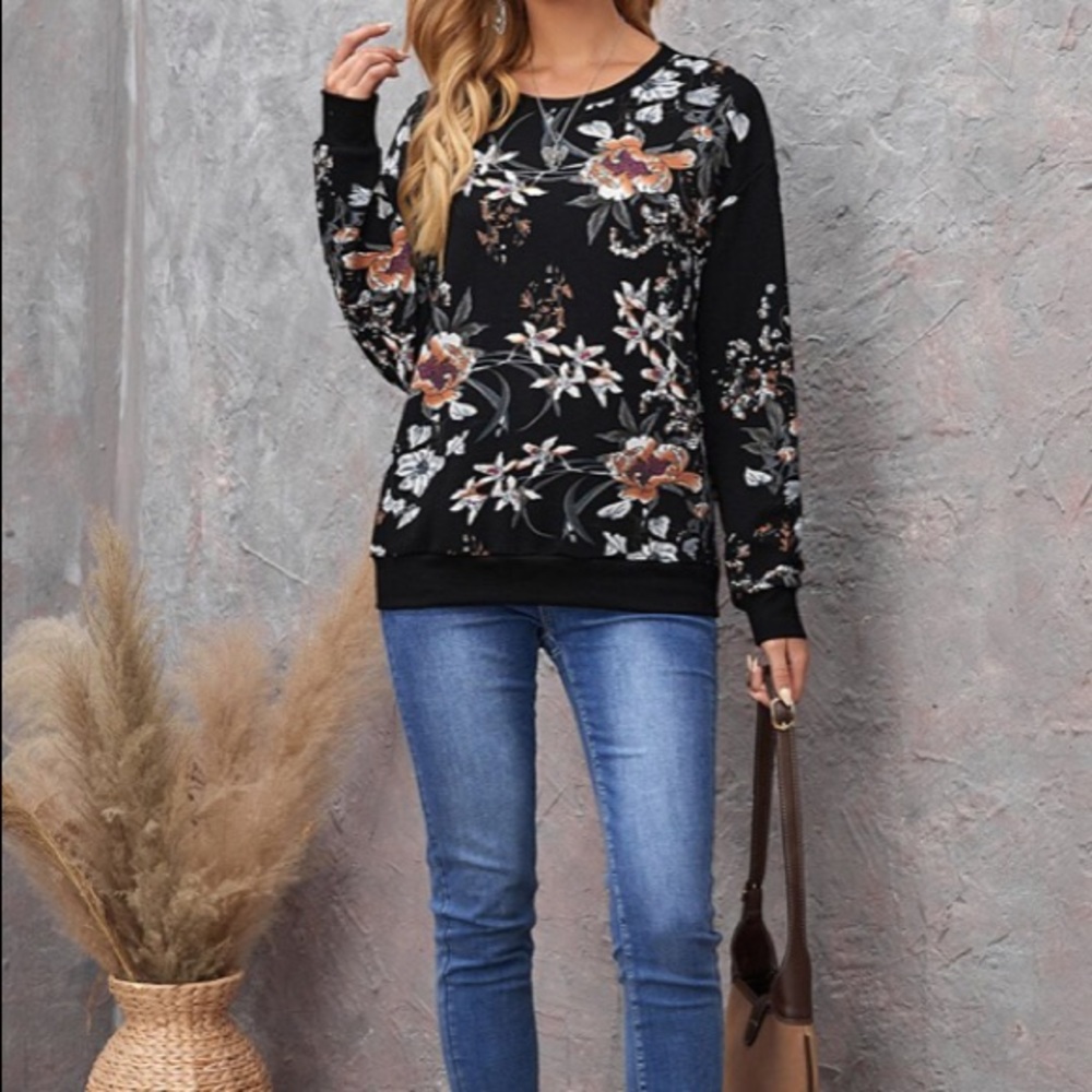 Boho Black Floral Multicolor Loose Fit Sweatshirt - Picture 2 of 7